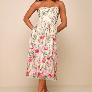 Endless Praise Beige Floral Embroidered Strapless Midi Dress